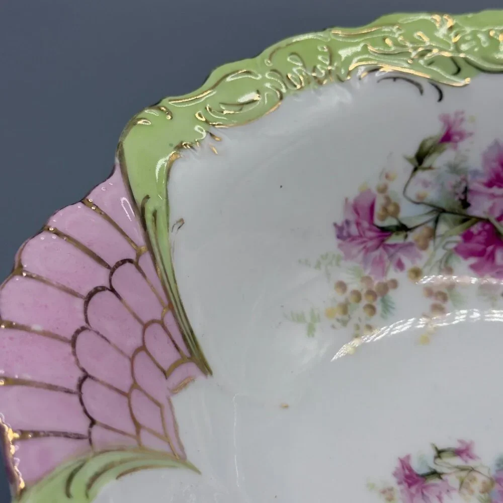 Antique Hand Painted Porcelain 10” Serving Bowl Pink Green Gilt Floral